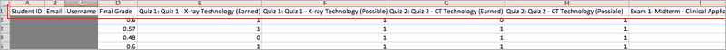 An example problem grade report shown in Excel, showing the decimal final grade for learners as well as the earned vs possible points that they each achieved on several quiz assignments. A column for a midterm is only partially visible.