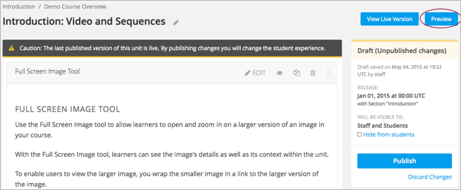 A course unit page, with the Preview button circled. :width: 600