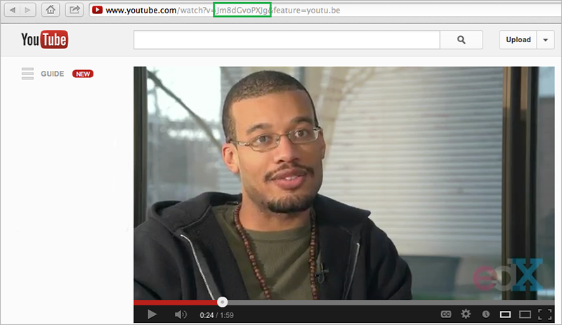 A YouTube video with the code between watch?v= and &feature indicated.
