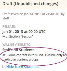 Course outline sidebar shows visibility icon and note indicating that some content in the unit is visible only to particular group.