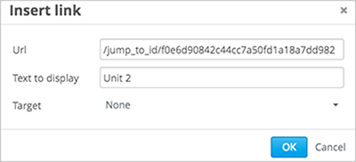 Image of the Insert link dialog box with a link to a unit identifier