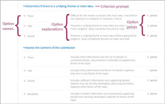 Image of a rubric in the LMS with call-outs for the criterion prompt and option names, explanations, and points