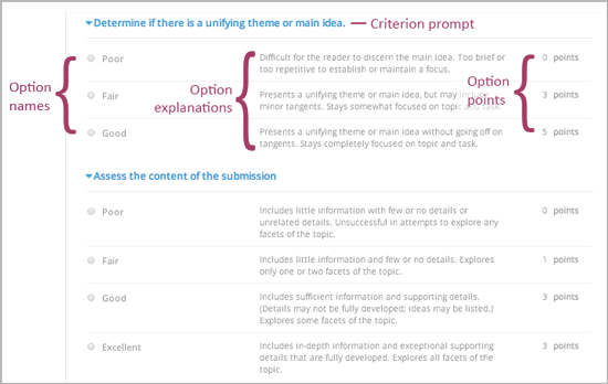Image of a rubric in the LMS with call-outs for the criterion prompt and option names, explanations, and points.