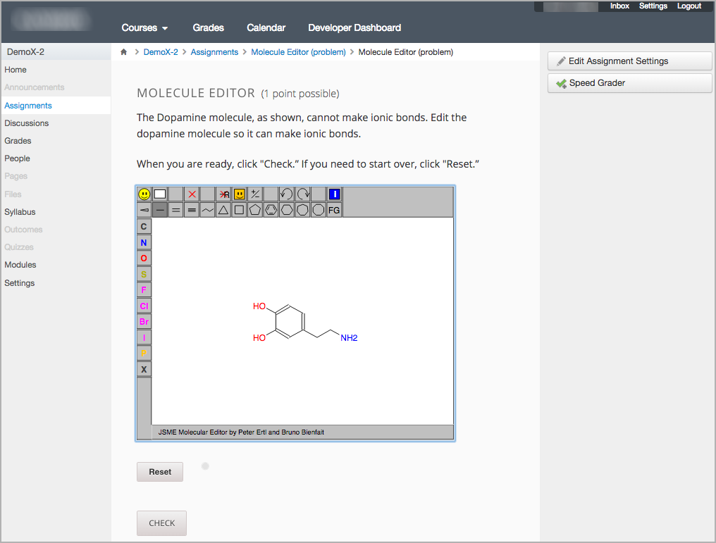 An edX molecule builder problem shown as part of a course running on a Canvas system.