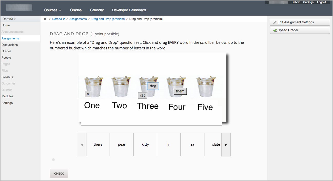 An edX drag and drop problem shown as part of a course running on a Canvas system.